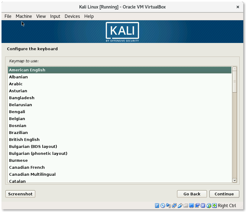 VirtualBox Kali Linux Install Configure the keyboard