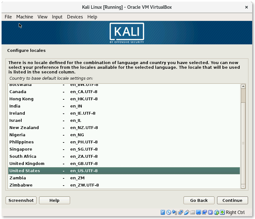 VirtualBox Kali Linux Install Configure locales