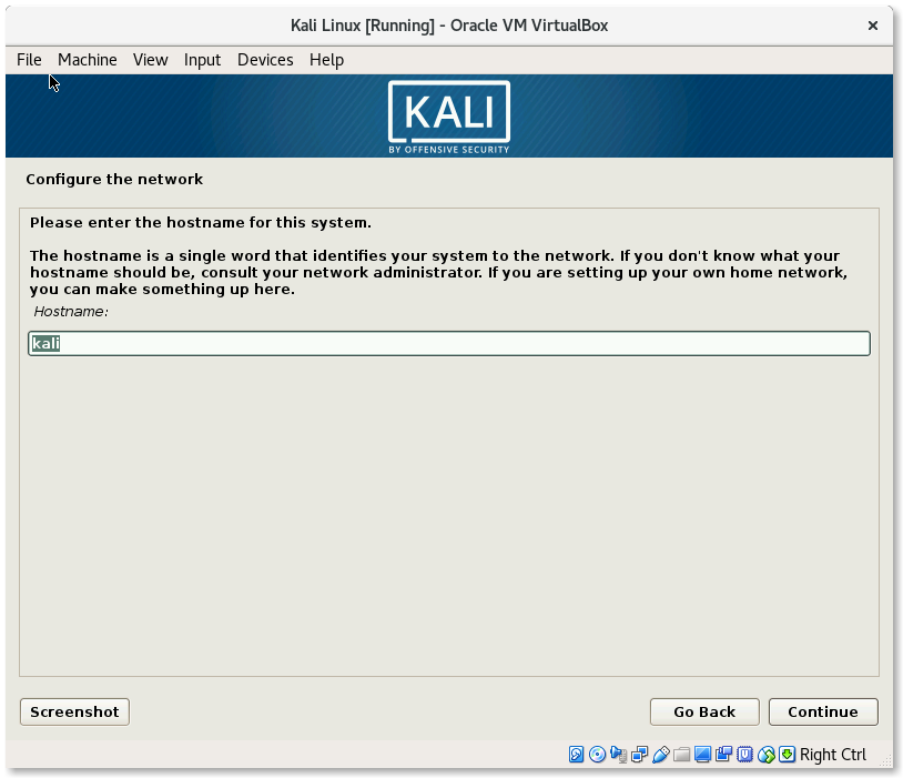 VirtualBox Kali Linux Install Configure the network hostname