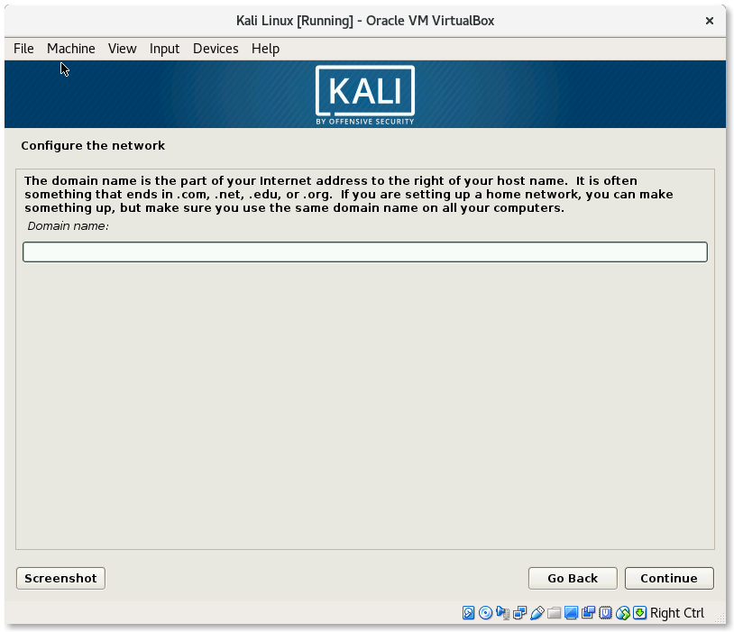 VirtualBox Kali Linux Install Configure the network domain