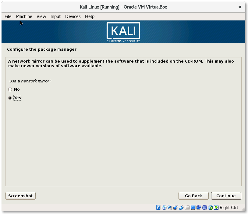 VirtualBox Kali Linux Install Configure the package manager