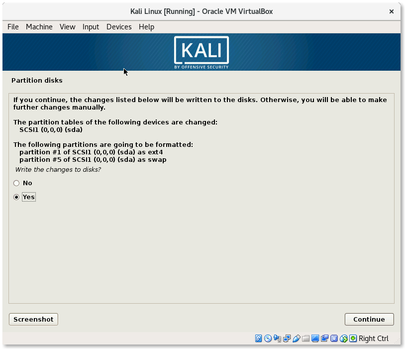 VirtualBox Kali Linux Install write Partition confirmation