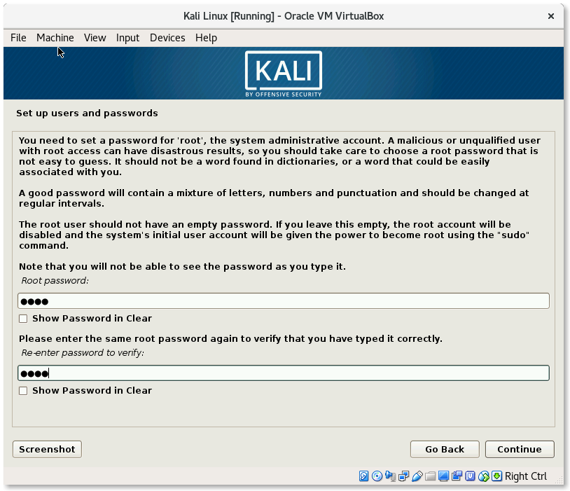 VirtualBox Kali Linux Install Setup users and passwords