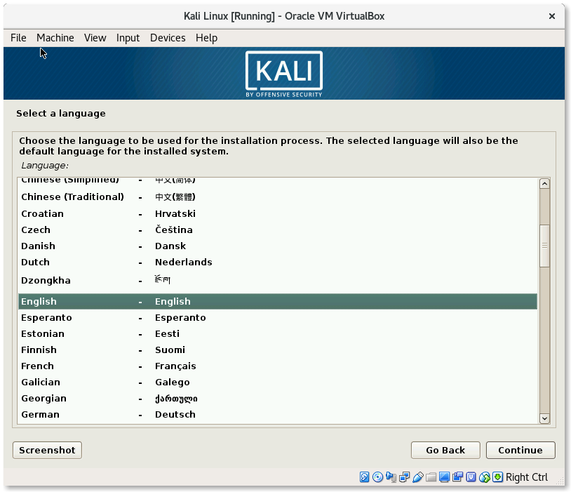 VirtualBox Kali Linux Install Select a language