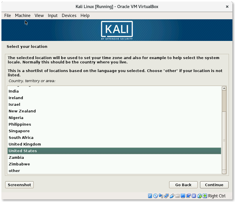 VirtualBox Kali Linux Install Select your location