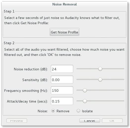 Audacity Noise Removal Popup