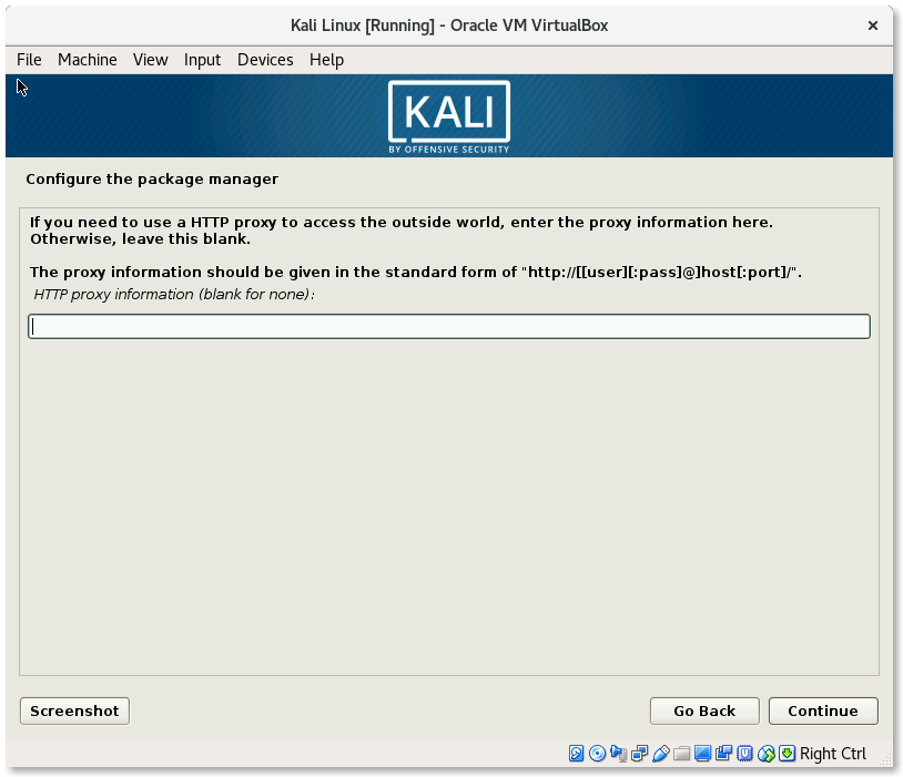 VirtualBox Kali Linux Install HTTP Proxy
