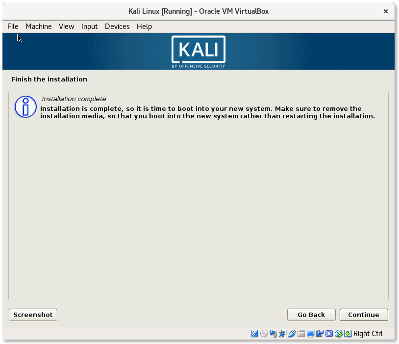 VirtualBox Kali Linux Install finsish