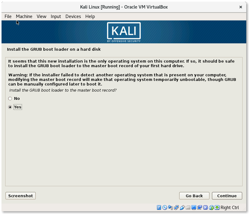 VirtualBox Kali Linux Install GRUB boot loader