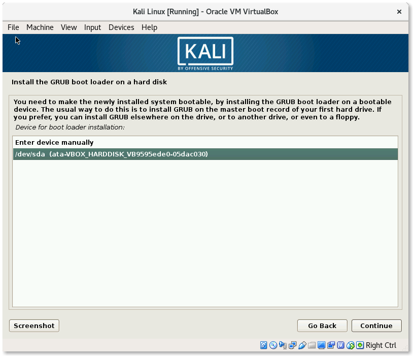 VirtualBox Kali Linux Install GRUB boot loader device