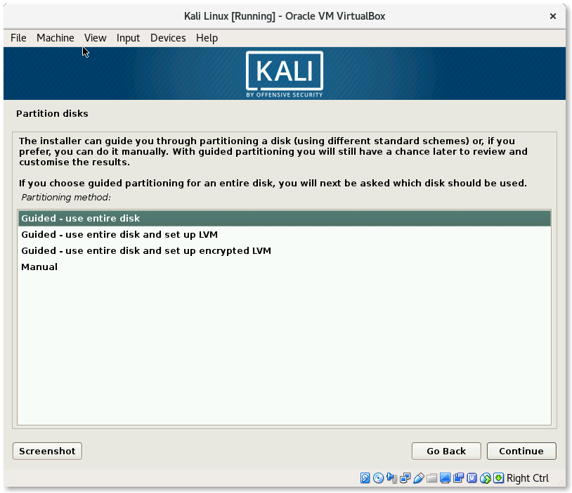 VirtualBox Kali Linux Install Partition disks