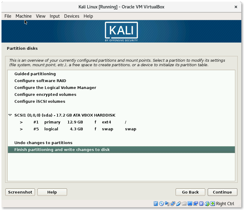 VirtualBox Kali Linux Install write Partition