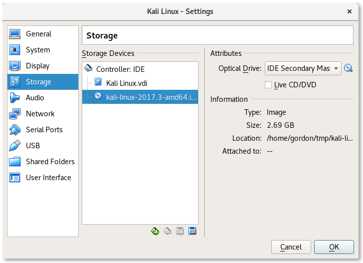 VirtualBox Kali Linux Settings - Optical Drive