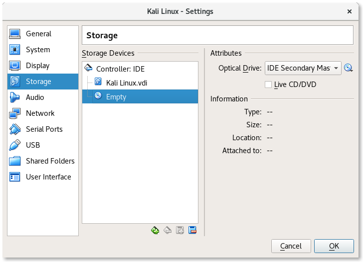 VirtualBox Kali Linux Settings - Optical Drive Empty