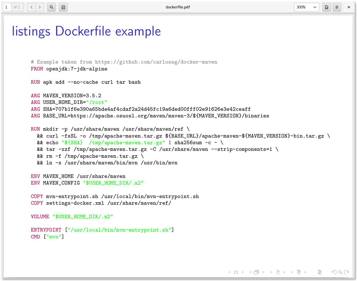 LaTeX listing Dockerfile code highlighting